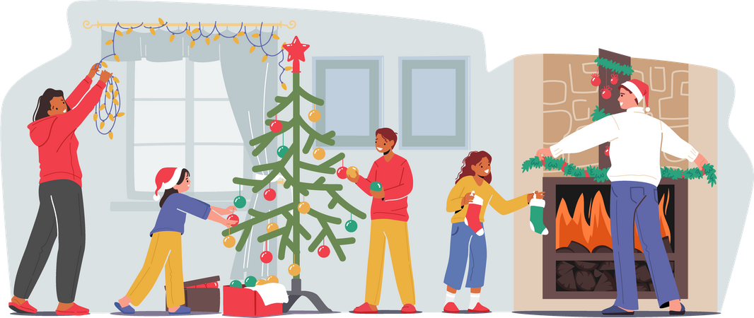 Familia decorando el hogar y el árbol de navidad.  Ilustración