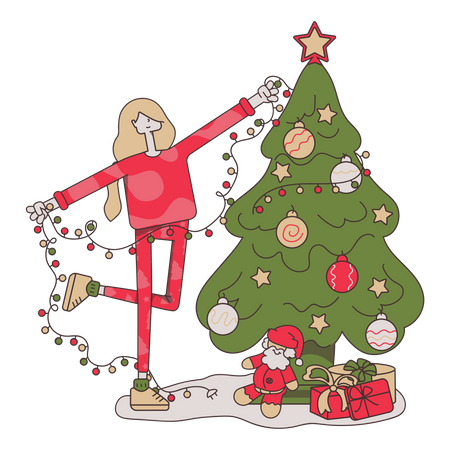 Decorando a árvore de natal  Ilustração