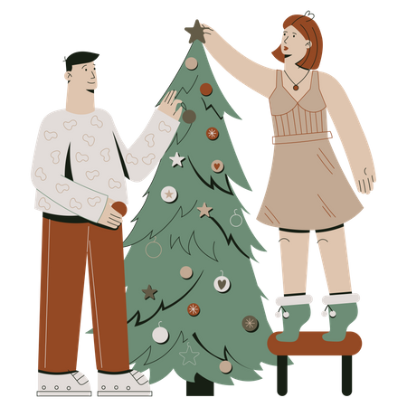 Decorando a árvore de Natal por casal  Ilustração