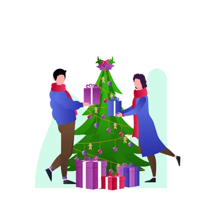 Decorando árvore de natal  Ilustração