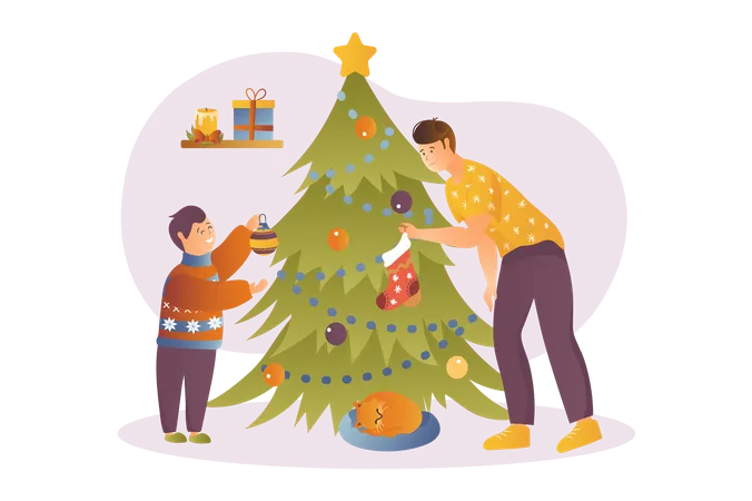 Decorando árvore de natal  Ilustração