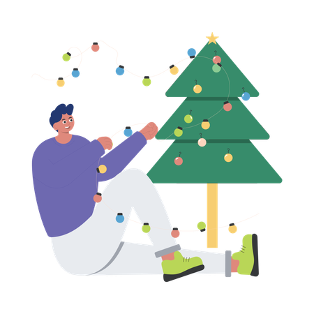 Decorando a árvore de Natal com luzes de Natal  Ilustração