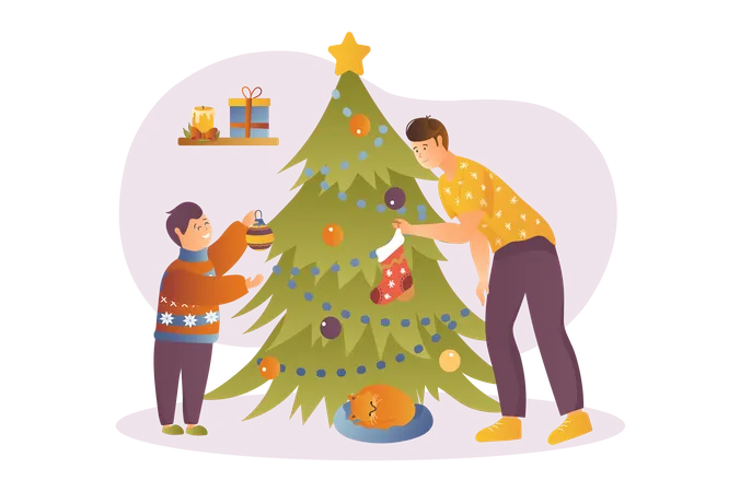 Decorar el arbol de navidad  Ilustración