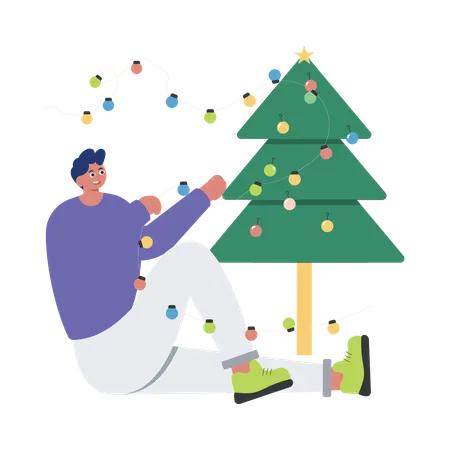 Decorar el árbol de Navidad con luces navideñas  Ilustración