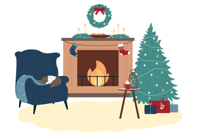 Decorated Christmas Fireplace  Illustration
