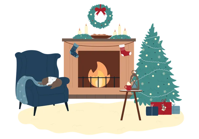 Decorated Christmas Fireplace  Illustration