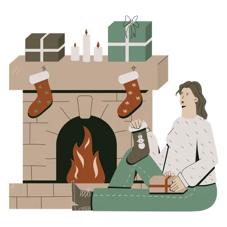 Decorated Christmas fireplace with Stockings Illustration