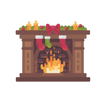 Decorated Christmas Fireplace With Stockings For Presents Flat Illustration Illustration