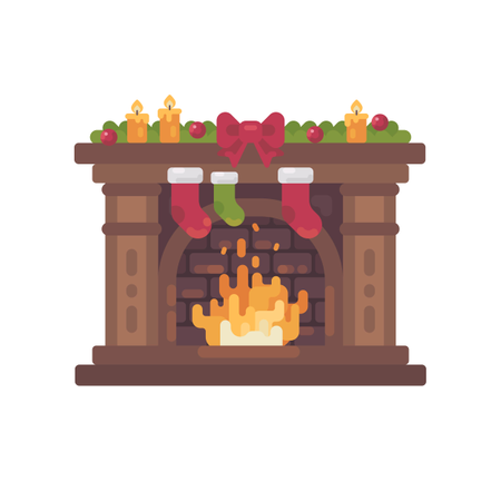 Decorated Christmas Fireplace With Stockings For Presents Flat Illustration  Illustration