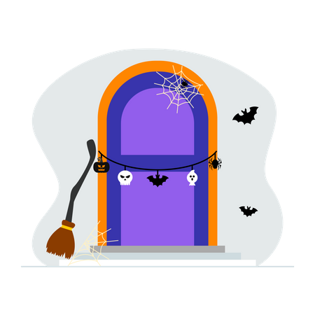 Decorated spooky halloween home door  Illustration