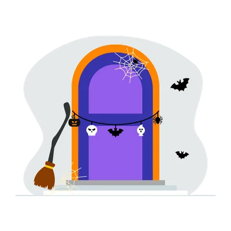 Decorated spooky halloween home door  Illustration