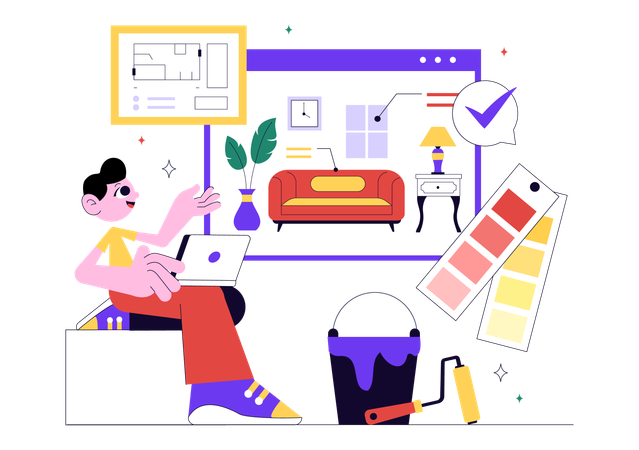Architecte d'intérieur travaillant sur la couleur des meubles  Illustration