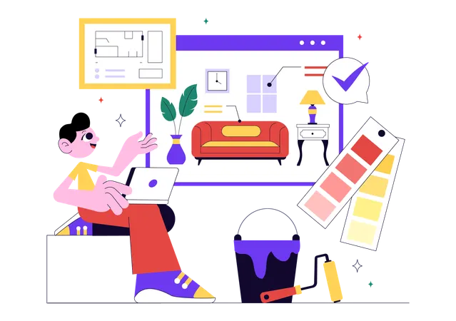 Architecte d'intérieur travaillant sur la couleur des meubles  Illustration