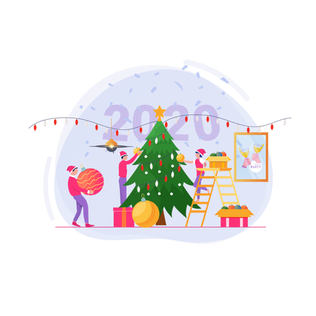 Decorating a Christmas tree with family Illustration