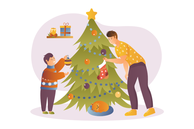 Decorating christmas tree  Illustration