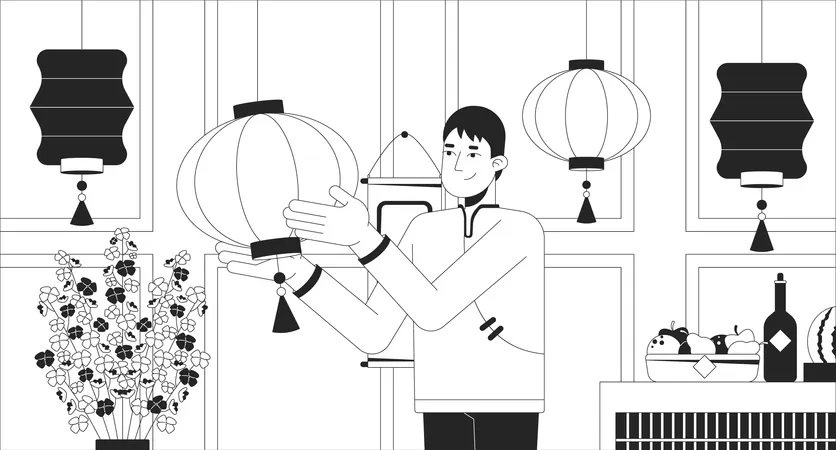 Decorating house for Chinese New Year  Illustration