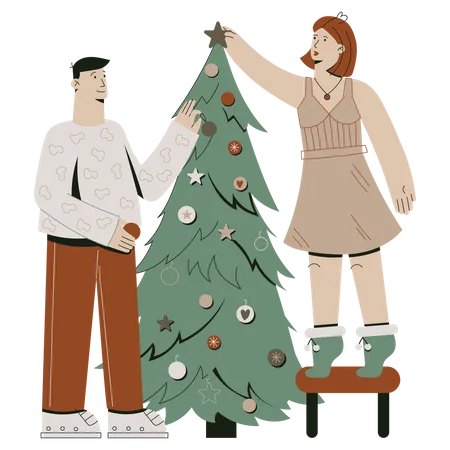 Decorating the Christmas tree by couple  Illustration