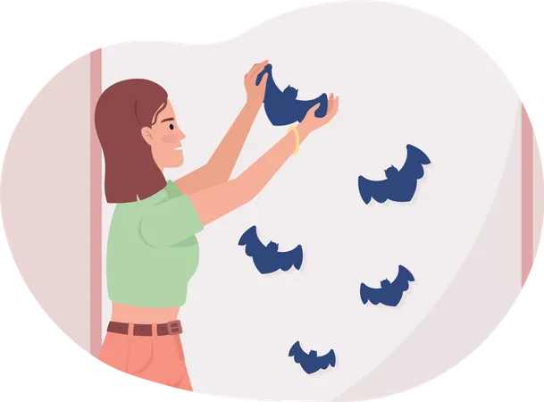 Decorating Wall With Flying Bats 2 D Vector Isolated Illustration Girl Adorning House For Halloween Flat Character On Cartoon Background Colourful Editable Scene For Mobile Website Presentation Illustration
