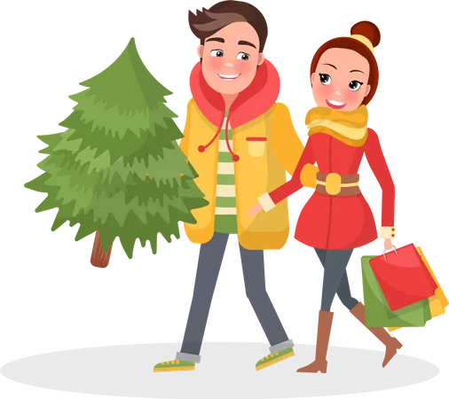 Merry Couple Return From Shopping Christmas Tree And Packages Happy Young Family Getting Ready To Xmas Eve Man And Woman With Spruce Isolated Vector Illustration