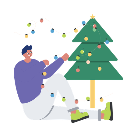 Decorating Xmas tree with Christmas Lights  Illustration