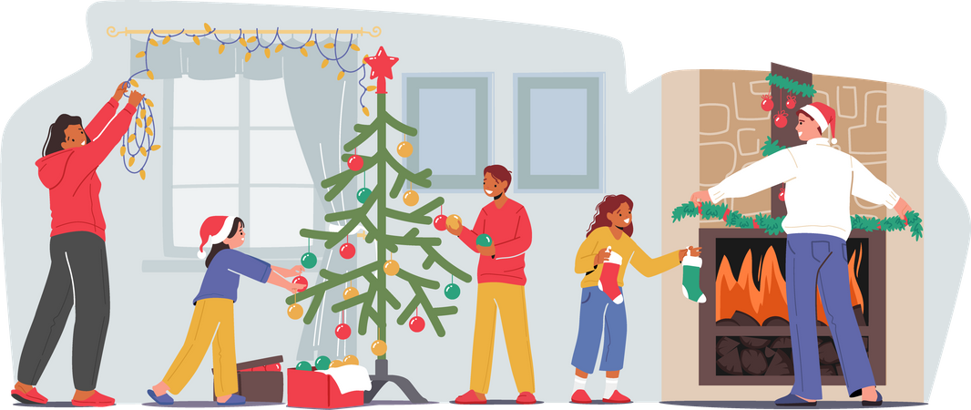 Famille décorant la maison et l'arbre de Noël  Illustration