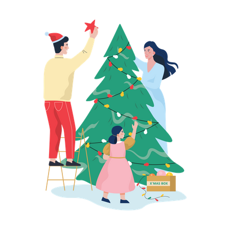 Famille décorant le sapin de Noël  Illustration