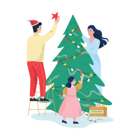 Famille décorant le sapin de Noël  Illustration