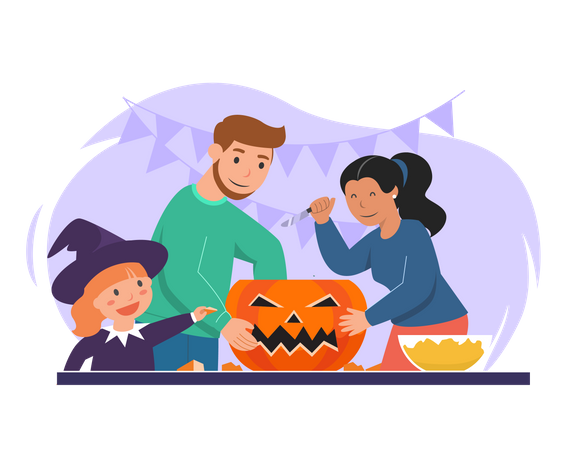 Famille décorant une citrouille d'Halloween  Illustration