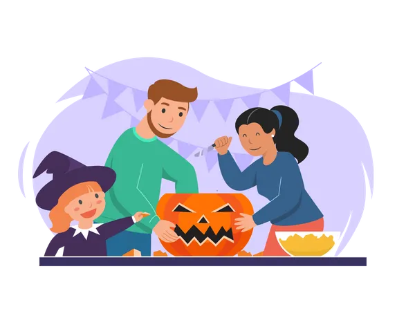 Famille décorant une citrouille d'Halloween  Illustration