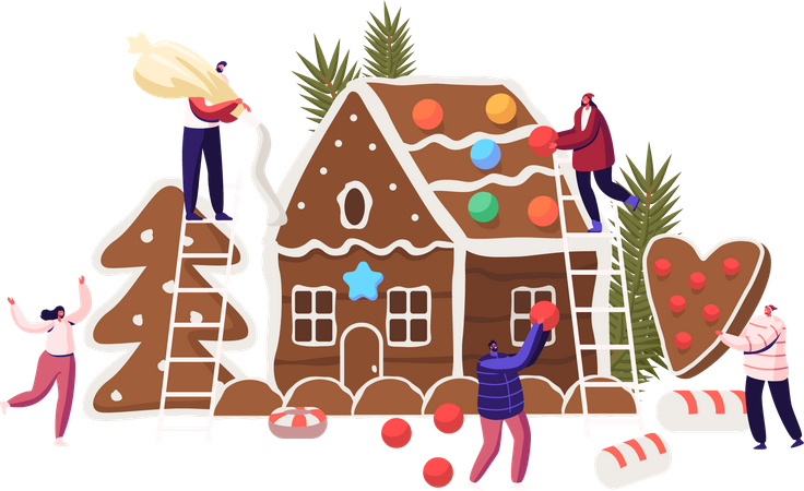 Famille décorant la maison de pain d'épice de Noël  Illustration