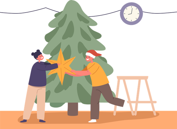 Enfants suspendus des ornements sur l’arbre de Noël  Illustration