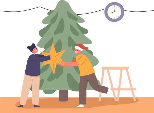 Enfants suspendus des ornements sur l’arbre de Noël  Illustration