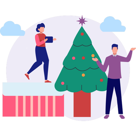 Decorators decorating tree  Illustration