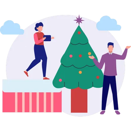 Decorators decorating tree  Illustration