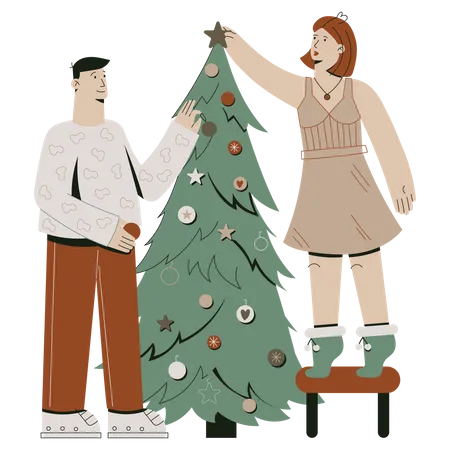 Décorer le sapin de Noël en couple  Illustration