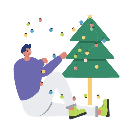 Décorer le sapin de Noël avec des lumières de Noël  Illustration