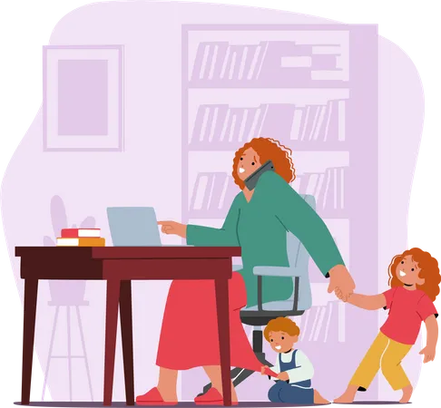 Dedicated Business Mother Character Multitasks On Her Laptop And Mobile Phone While Her Eager Children Tug At Her  Illustration