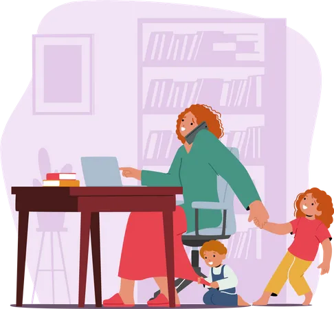 Dedicated Business Mother Character Multitasks On Her Laptop And Mobile Phone While Her Eager Children Tug At Her Eager To Play And Spend Time Together Cartoon People Vector Illustration Illustration