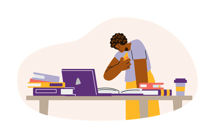 Dedicated student deeply engrossed in study with book and laptop  Illustration