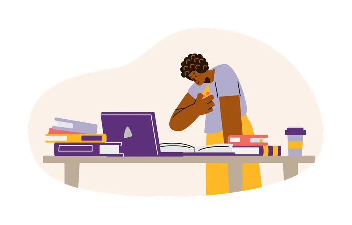 Dedicated student deeply engrossed in study with book and laptop  Illustration