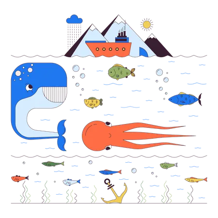 Deep Sea Life 2 D Linear Illustration Concept Underwater Marine Fishes Habitats Cartoon Characters Isolated On White Exotic Wildlife Ecosystem Of Ocean Metaphor Abstract Flat Vector Outline Graphic Illustration