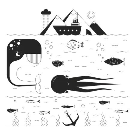 Deep Sea Life Black And White 2 D Illustration Concept Underwater Marine Fishes Habitats Cartoon Outline Characters Isolated On White Exotic Wildlife Ecosystem Of Ocean Metaphor Monochrome Vector Art Illustration