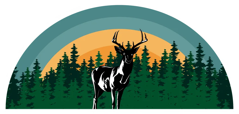 Forest Guard Deer Retro Design Landscape Illustration