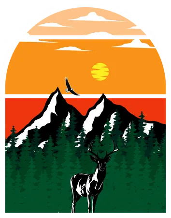 Mountaineering Deer Retro Design Landscape Illustration