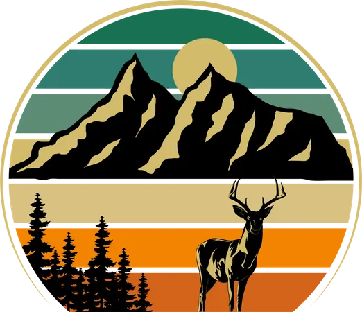The Mountain Deer Retro Design Landscape Illustration