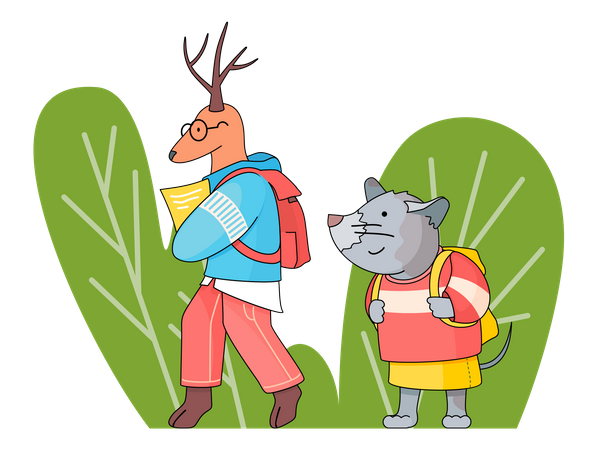 Deer and mouse with backpacks go to school Illustration