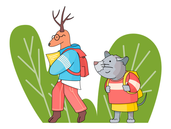 Deer and mouse with backpacks go to school  Illustration