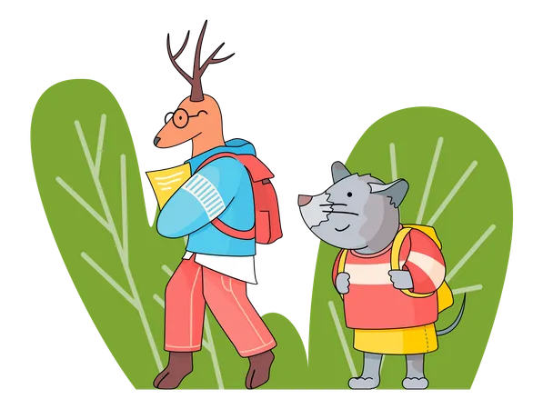 Deer and mouse with backpacks go to school  Illustration