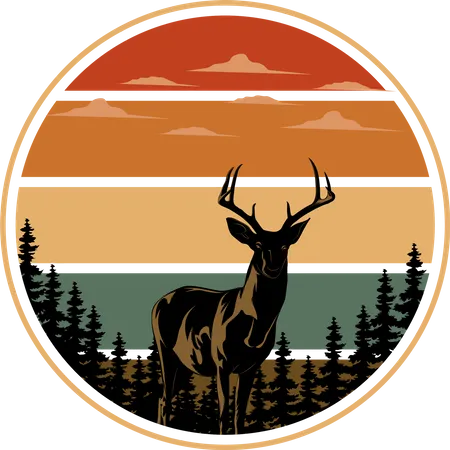 Deer Hunting Retro Design Landscape Illustration