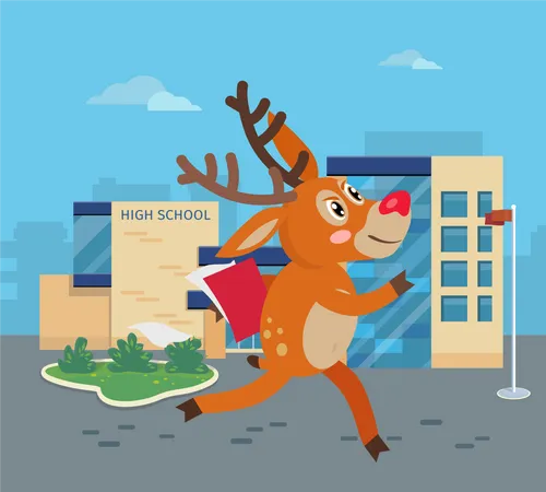 Deer Running to School with Books  Illustration